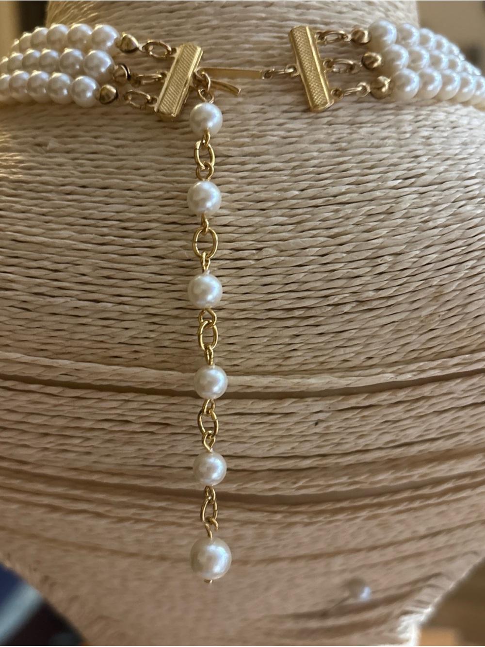 Avon Three-Strand White Pearl Necklace with Gold Bow and Crystal Accents - Picture 2 of 2